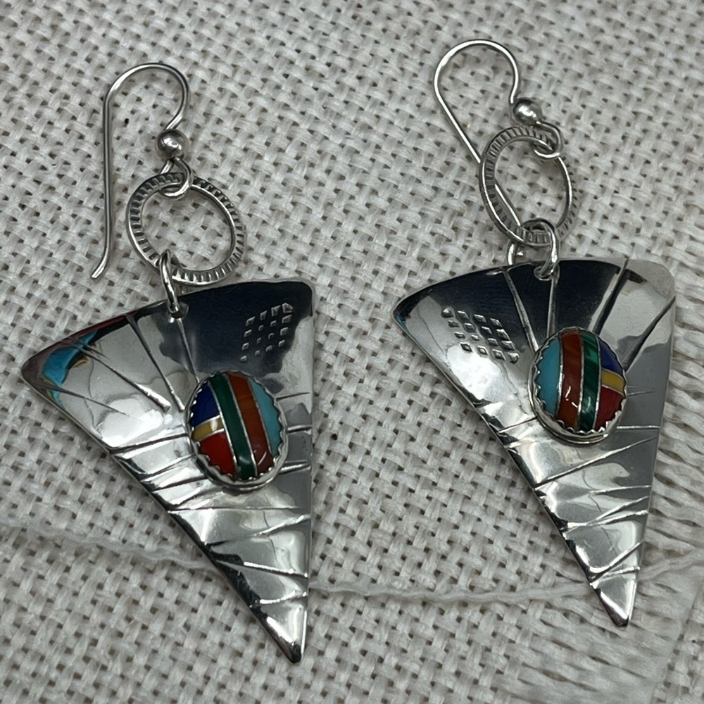 90's Handmade Sterling Silver Sail-Inspired Earrings with Multicolored Inlay - Picture 5 of 17